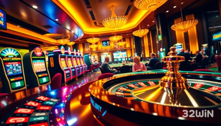 Experience the thrill of Nhà Cái 32win gaming with a lively poker table and vibrant slot machines.