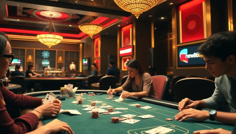 Experience high-stakes games at new88bet, featuring intense poker action in an elegant casino.