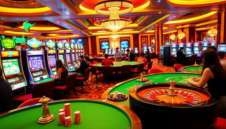 UU88 Casino's vibrant online gaming scene featuring players at poker tables and flashy slot machines.