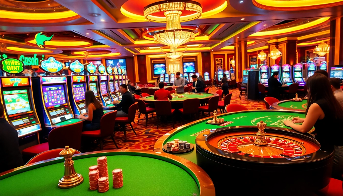 UU88 Casino's vibrant online gaming scene featuring players at poker tables and flashy slot machines.