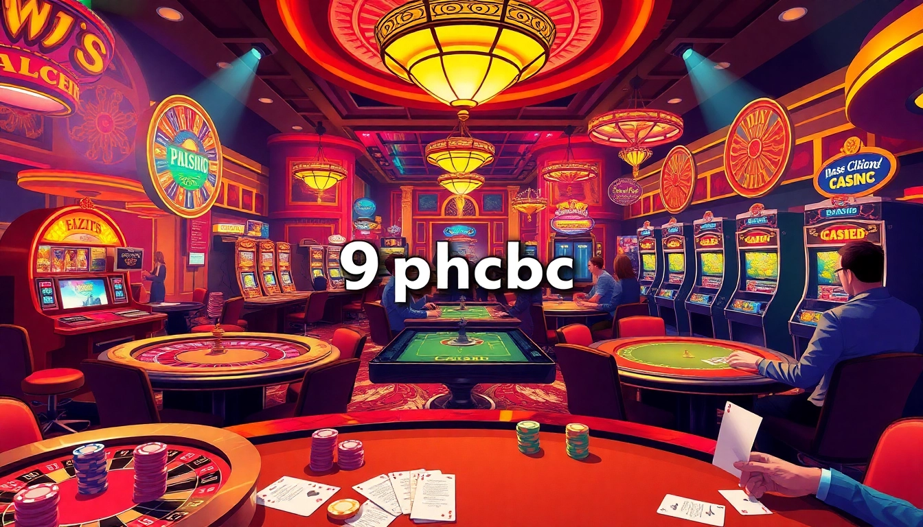 Experience the excitement of 9phabc at a lively casino with poker tables, roulette wheels, and enthusiastic players.