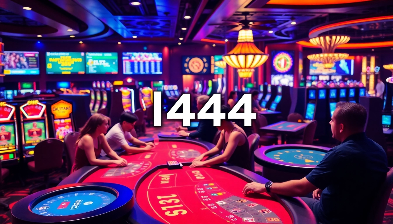 Experience the thrill of winning at l444's exciting casino tables filled with colorful slot machines.