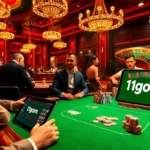Action-packed gambling scene featuring 1gom players at a poker table in a vibrant casino setting.