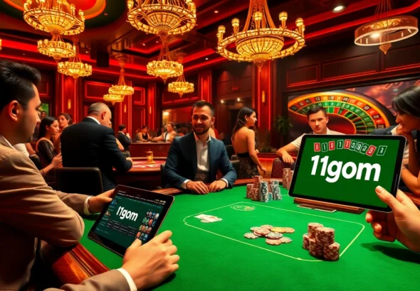Action-packed gambling scene featuring 1gom players at a poker table in a vibrant casino setting.
