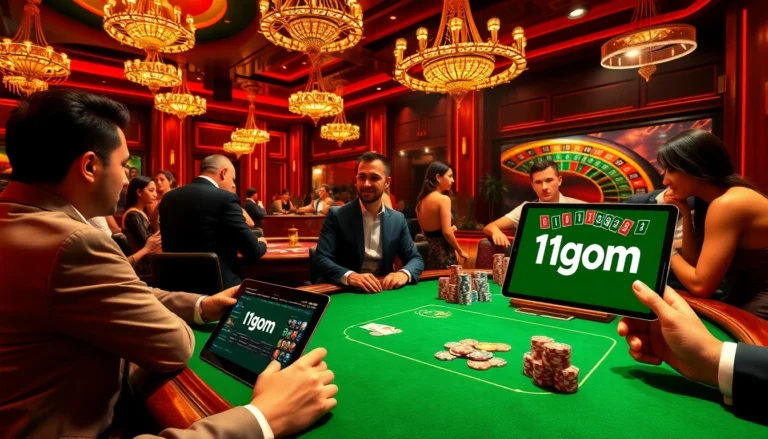 Action-packed gambling scene featuring 1gom players at a poker table in a vibrant casino setting.