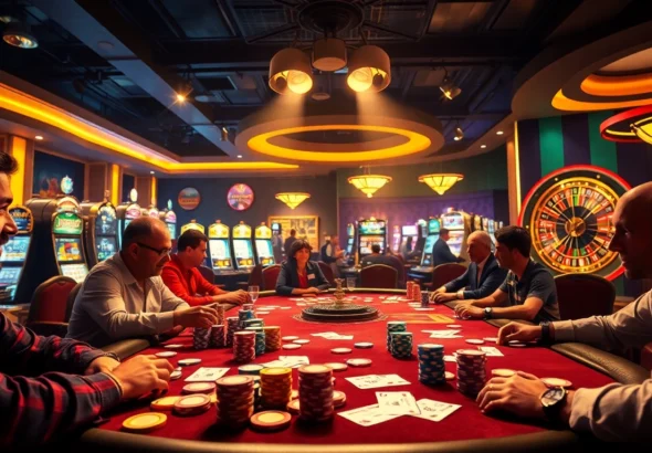 A lively poker scene at https://researchltc.com/ casino with active players and vibrant poker chips.