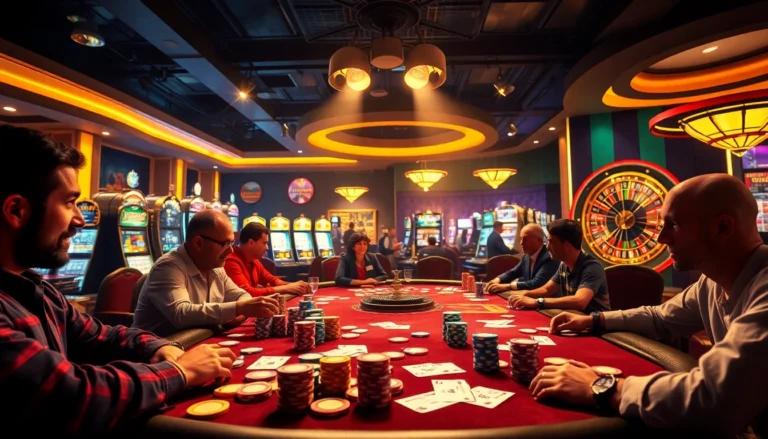 A lively poker scene at https://researchltc.com/ casino with active players and vibrant poker chips.