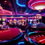 Kuwin Casino scene with players enjoying poker, roulette, and vibrant slot machines.