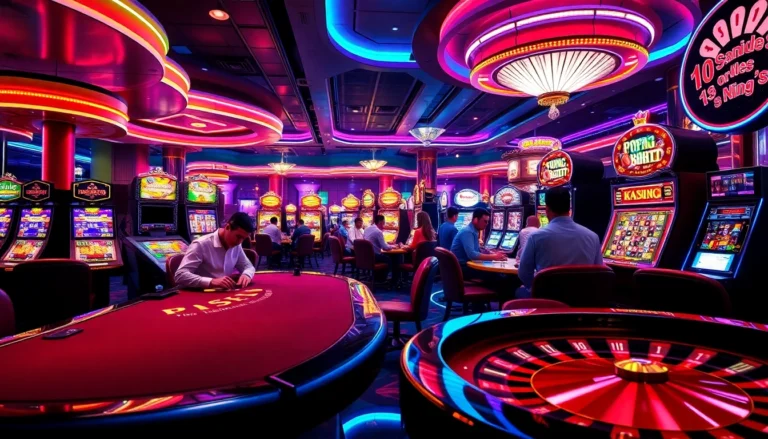 Kuwin Casino scene with players enjoying poker, roulette, and vibrant slot machines.