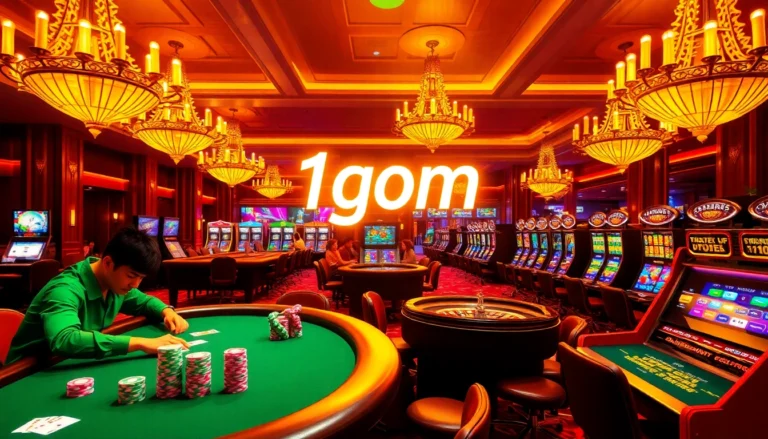 Engage with the high-stakes atmosphere of 1gom, featuring an upscale casino table alive with excitement and colorful betting chips.