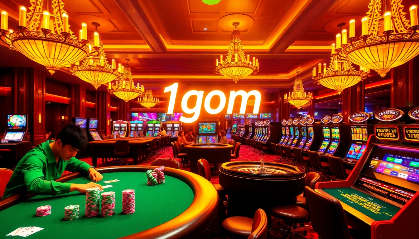 Engage with the high-stakes atmosphere of 1gom, featuring an upscale casino table alive with excitement and colorful betting chips.