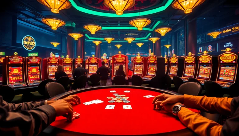 Experience the excitement of nohu52's vibrant casino scene with players at thrilling poker tables and engaging slot machines.