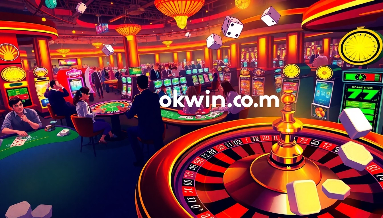Experience the thrill of gaming at okwin.com with players at energetic casino tables, roulette wheels, and vibrant slot machines.