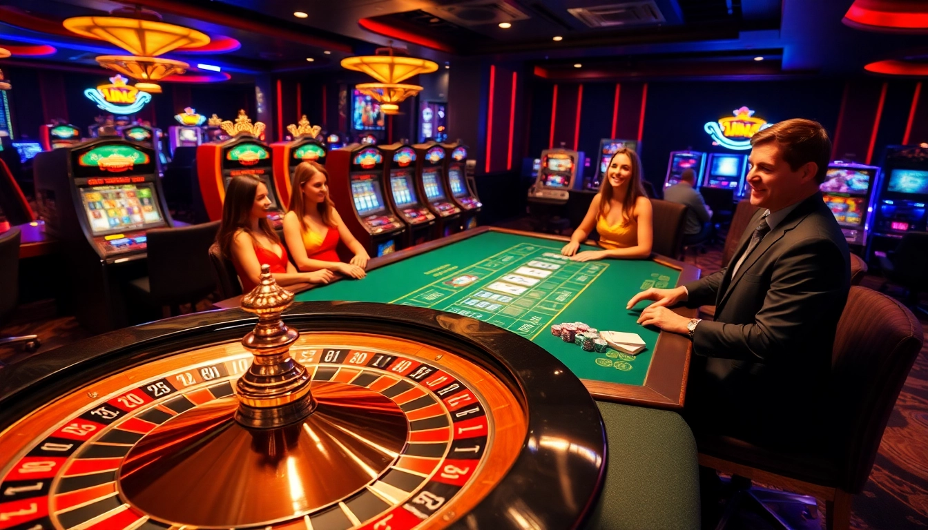 Capture the excitement of king33 with players celebrating winnings at a vibrant casino table filled with chips and cards.